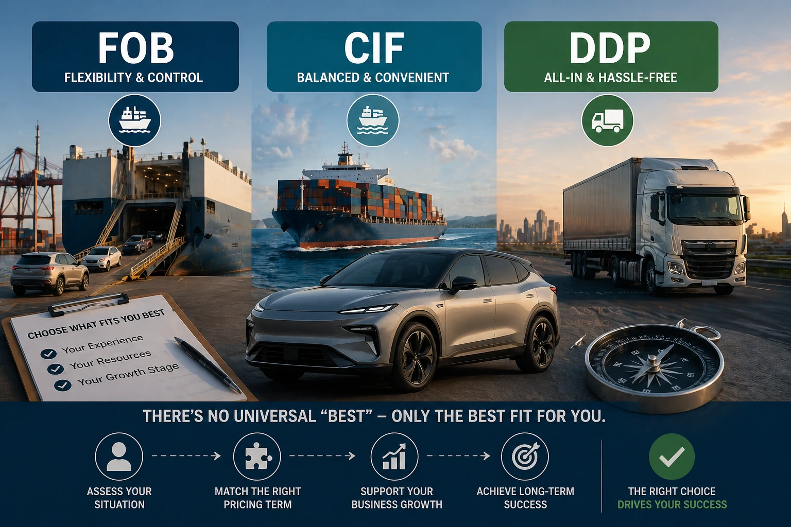Автоунаа экспортундагы FOB vs CIF vs DDP: Сиз үчүн кайсы баа мөөнөтү эң жакшы